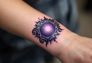 A full-circle sun in dark violet and black spirals symbolizes unity and eternity in Celtic lore. tattoo idea