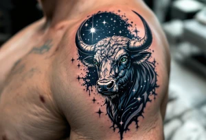 Taurus, the emerald-eyed bull, anchors its star constellation in a sea of midnight blue. tattoo idea