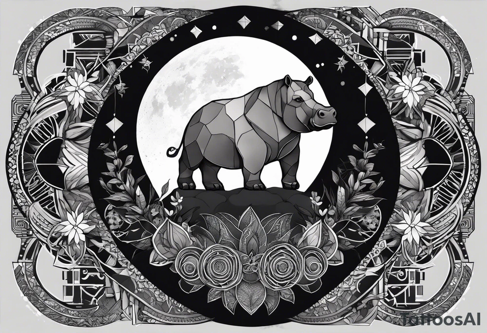 Very asymmetrical, +geometric pattern, with realistic full moon, with hippo at side look, +tribal, +geometric, +inkart , +blackwork, +grey scale, + sketch
with wintersweet flower bud, +inkart touch, tattoo idea