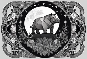 Very asymmetrical, +geometric pattern, with realistic full moon, with hippo at side look, +tribal, +geometric, +inkart , +blackwork, +grey scale, + sketch
with wintersweet flower bud, +inkart touch, tattoo idea