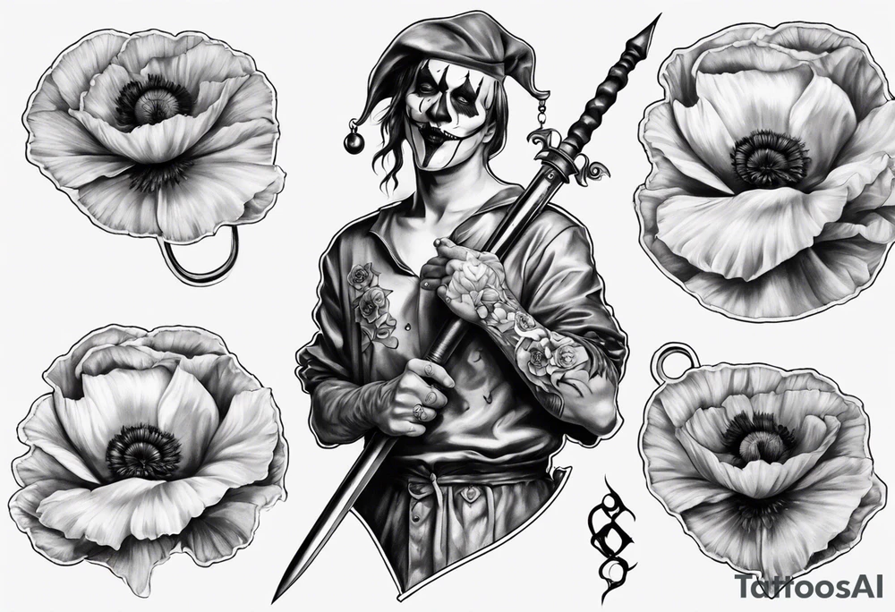 Jester holding sword and poppy incorporate number 823 tattoo idea