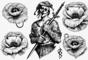 Jester holding sword and poppy incorporate number 823 tattoo idea