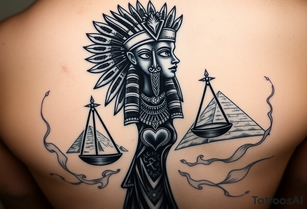 “Super realistic black and grey tattoo of the Egyptian goddess Ma’at, depicted as a regal woman with an ostrich feather headdress, intense glowing eyes, and intricate ancient Egyptian jewelry. She stands or floats amidst swirling cosmic energy and beams of light, with subtle hieroglyphics and pyramids in the background. Incorporate the Scales of Justice—one side holding a heart, the other Ma’at’s feather—glowing with ethereal energy. Emphasize dramatic lighting, deep shadows, and surreal, mystical atmosphere to match a sleeve with Anubis and cosmic motifs. Design should flow with existing sleeve art, using soft transitions and layered textures. tattoo idea