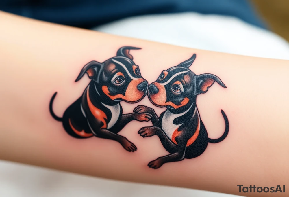 rednose pitbull and black blue heeler dogs playing together tattoo idea