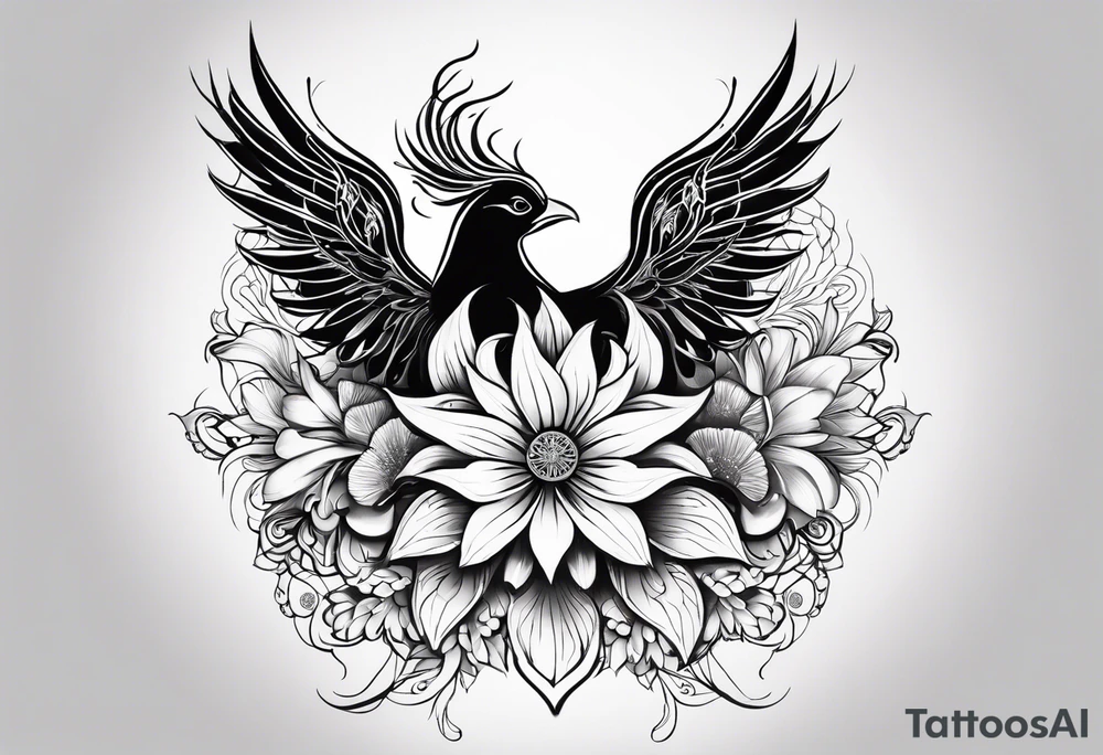 Feminine sleeve tattoo, tribal, bohemian, negative lace, ancient symbolism with Phoenix rising, mandala sun, beautiful flowers, lilies tattoo idea