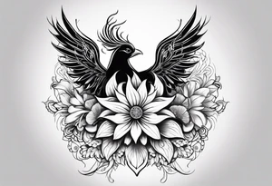 Feminine sleeve tattoo, tribal, bohemian, negative lace, ancient symbolism with Phoenix rising, mandala sun, beautiful flowers, lilies tattoo idea