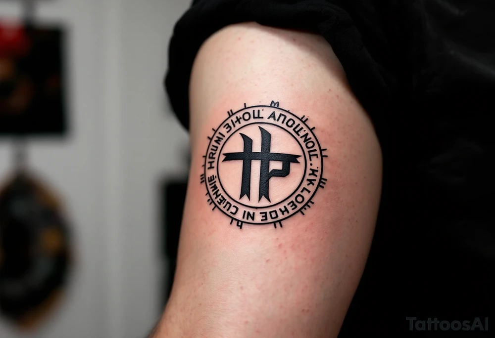 A bold black Rodovik (Family Sign) in a circle of red runes, honoring ancestral roots and family legacy. tattoo idea