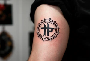 A bold black Rodovik (Family Sign) in a circle of red runes, honoring ancestral roots and family legacy. tattoo idea