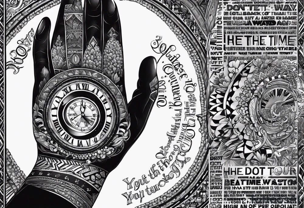 Circle of text on rhe hand with the tezt of dont waste tour time looking back youre not going that way tattoo idea