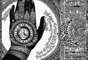 Circle of text on rhe hand with the tezt of dont waste tour time looking back youre not going that way tattoo idea