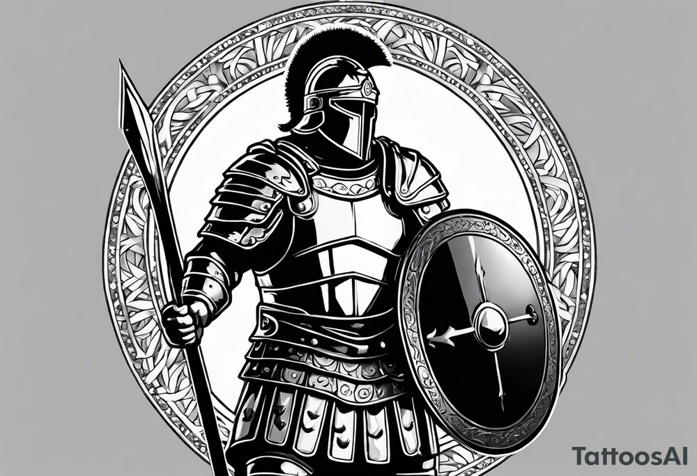 high quality black and white illustration, full body image, a strong tall roman centurion, wearing armour, wearing a belt, wearing a metal breastplate, holding a large shield, wearing a helmet, holding a sword. Flaming arrows are being fired at the centurion, he is blocking the arrows with his shield tattoo idea