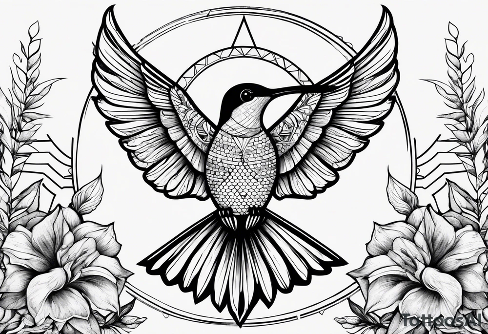 Line of symbols, double triangle, unclosed delta, crescent moon, hummingbird tattoo idea