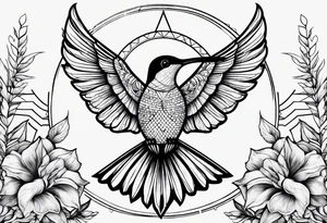 Line of symbols, double triangle, unclosed delta, crescent moon, hummingbird tattoo idea