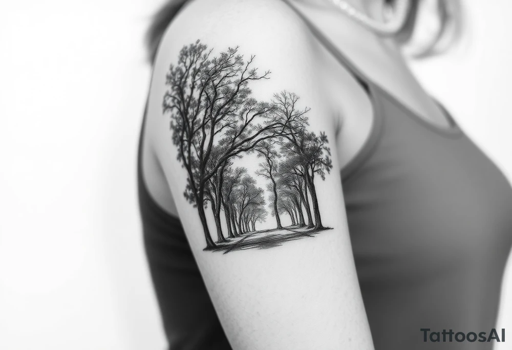 Trees hug the road, blocking out much of the light. tattoo idea