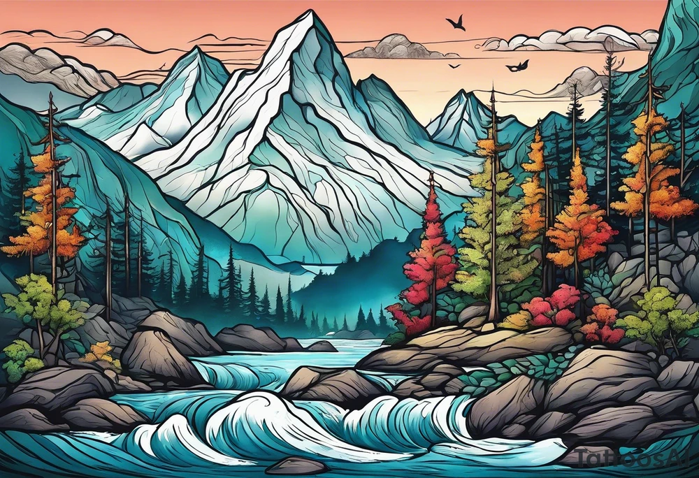 Mountains rivers trees tattoo idea