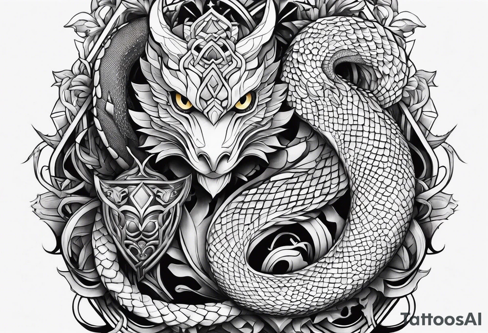 a snake, dragon and owl independent but together tattoo idea