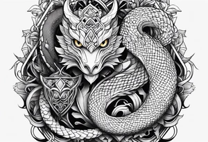 a snake, dragon and owl independent but together tattoo idea