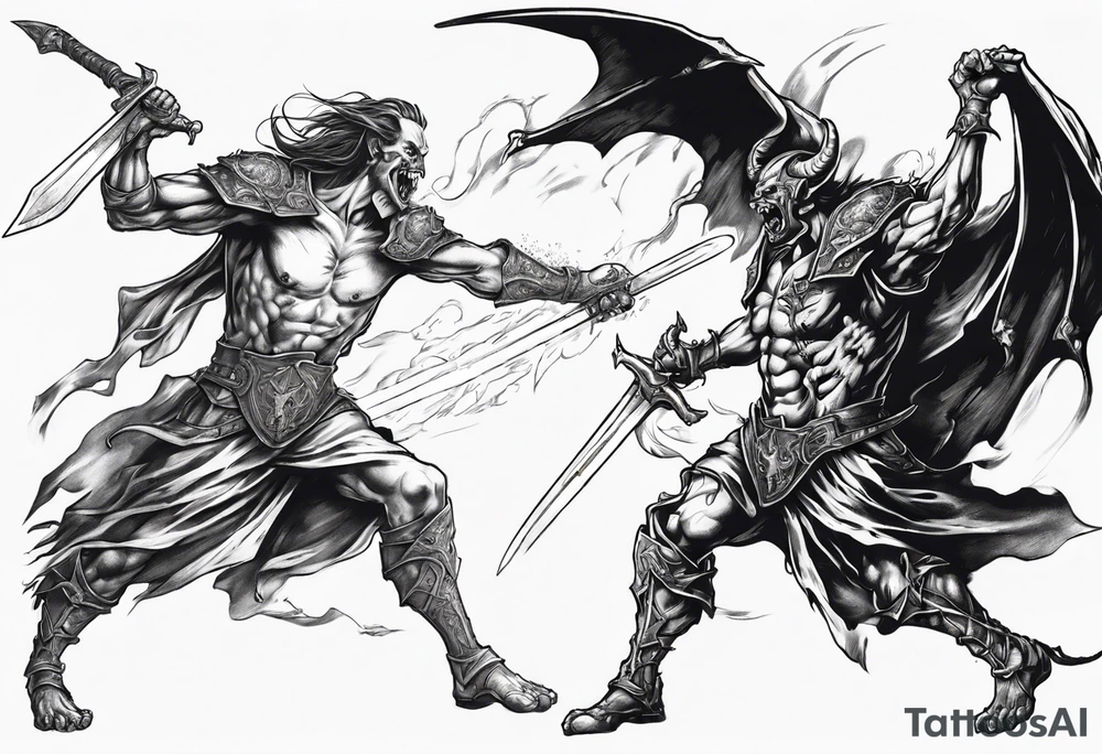 A Paladin in mid-air with his sword and a demon on the other side about to collide with each other in battle. tattoo idea