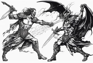 A Paladin in mid-air with his sword and a demon on the other side about to collide with each other in battle. tattoo idea