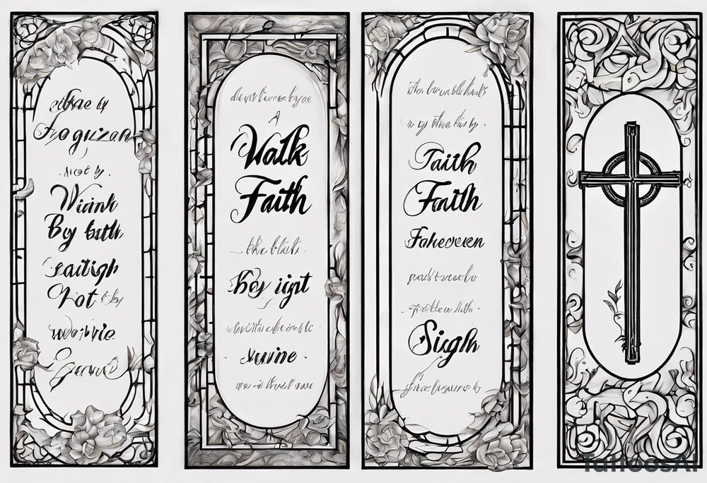 envision a horizontal placement of the quote “walk by faith, not by sight” with an elegant script font. Integrate a subtle stairwell leading to a delicate cross near the gates of heaven. This design captures the essence of the journey guided by faith. tattoo idea