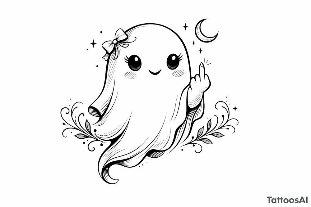Spooky girly cute ghost giving middle finger flash tattoo idea