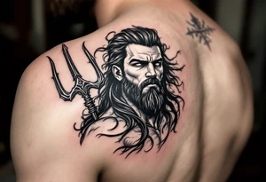 fit poseidon, with trident, looking at the horizon tattoo idea