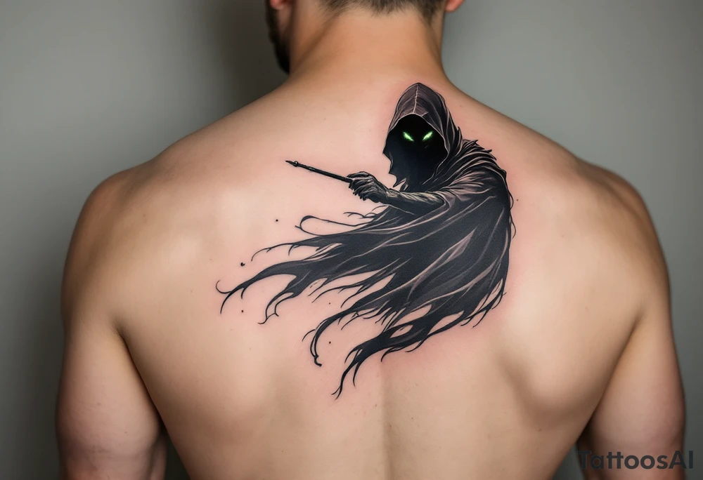 A shadowy figure in a flowing dark cloak, holding a wand in one hand. The figure’s face is obscured by a hood, with only glowing snake eyes visible. Deep black for the cloak, grey for the shading, and green for the glowing snake eyes. tattoo idea
