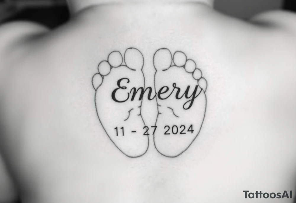 Baby feet with the name Emery and his date of birth in Roman numbers 11/27/2024 and his weight 5 pounds 12 ounces tattoo idea