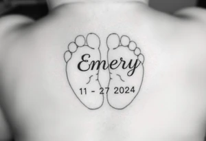 Baby feet with the name Emery and his date of birth in Roman numbers 11/27/2024 and his weight 5 pounds 12 ounces tattoo idea