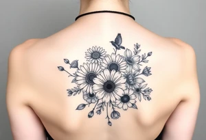 Honeysuckle, marigold, chrysanthemum, and violet bouquet tattoo idea