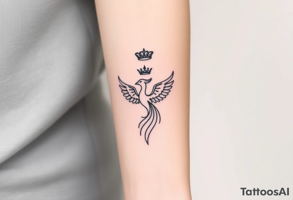 Minimal phoenix and crown fine lines tattoo idea