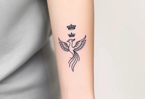 Minimal phoenix and crown fine lines tattoo idea