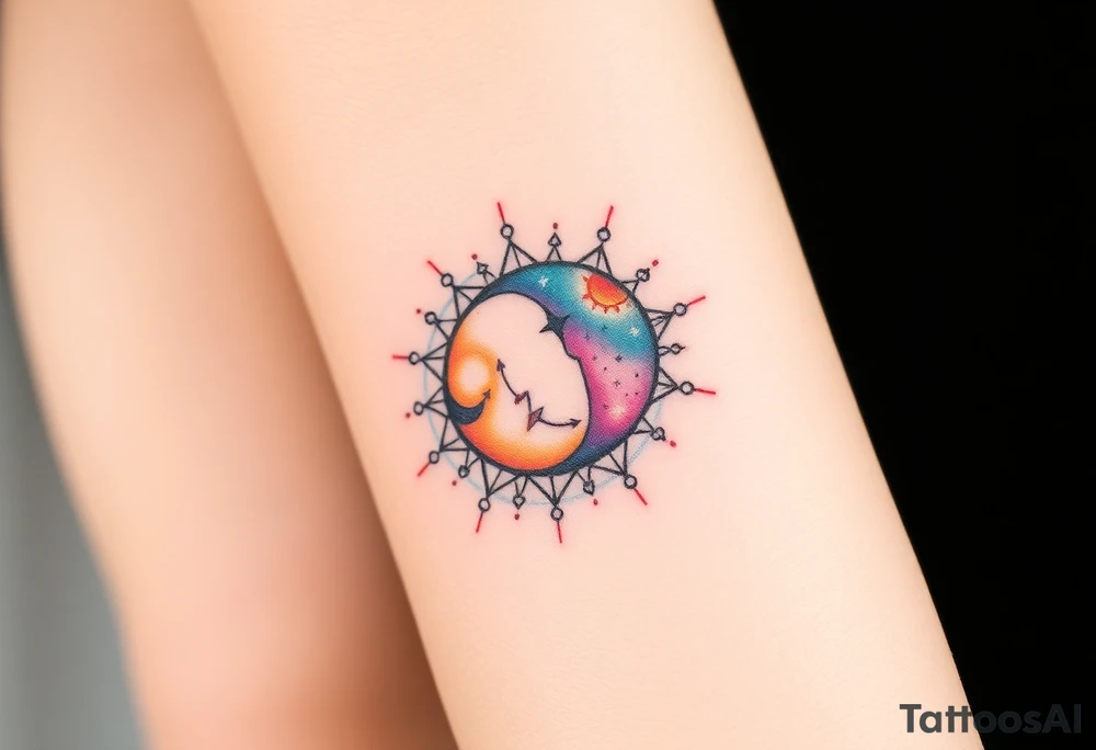 celestial sun and moon embrace with constellation patterns tattoo idea