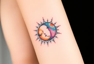 celestial sun and moon embrace with constellation patterns tattoo idea