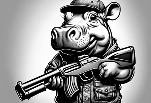 Baby hippo wearing overalls and holding a shotgun tattoo idea