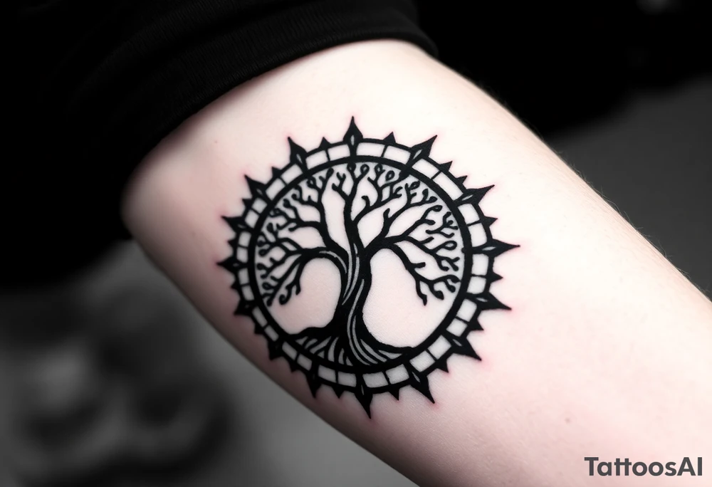 Tree encircled in a spiral sun or circle tattoo idea
