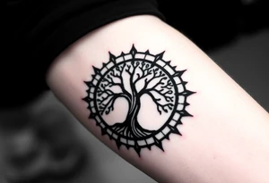 Tree encircled in a spiral sun or circle tattoo idea