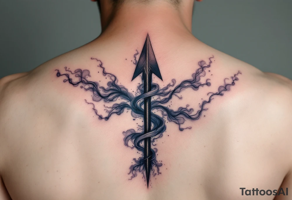 An arrow made of twisting shadows and mist in shades of dark gray and deep indigo, embodying mystery and illusion. tattoo idea