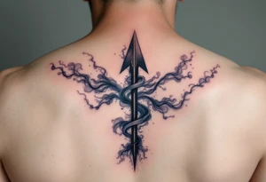 An arrow made of twisting shadows and mist in shades of dark gray and deep indigo, embodying mystery and illusion. tattoo idea