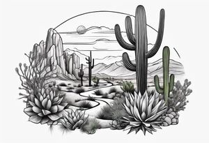 A dessert scenery with a cactus and tumble weeds tattoo idea