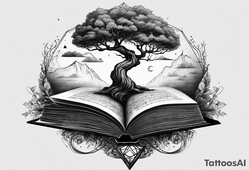 tree growing from book with branches containing triangle portals to another worlds tattoo idea