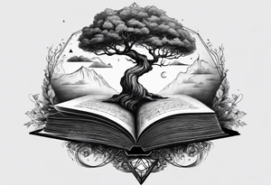 tree growing from book with branches containing triangle portals to another worlds tattoo idea