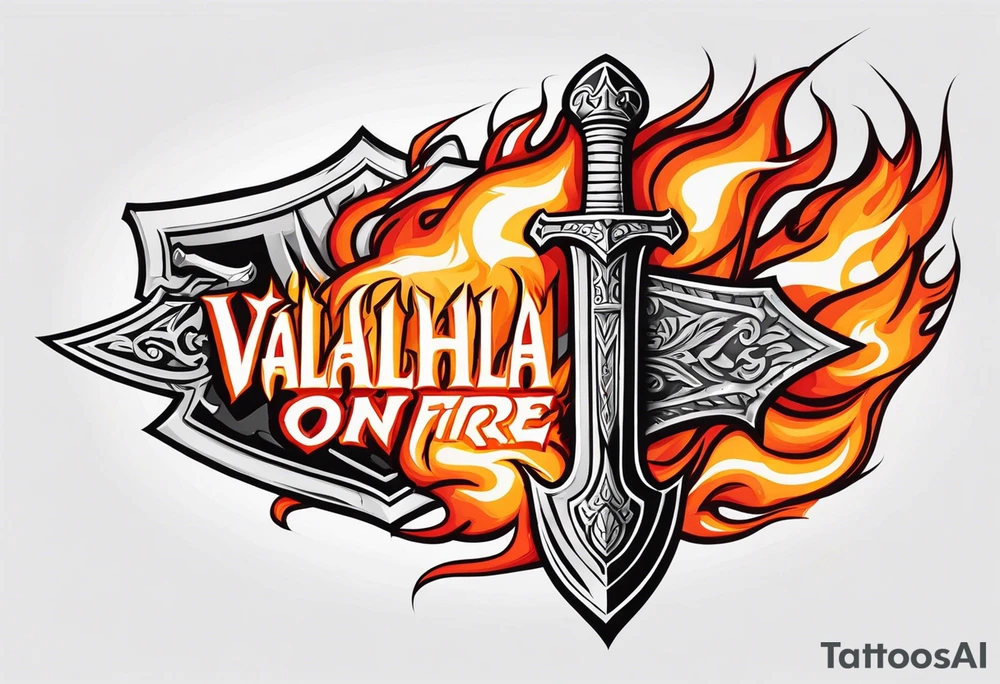 Valhalla on fire shield sword tattoo idea