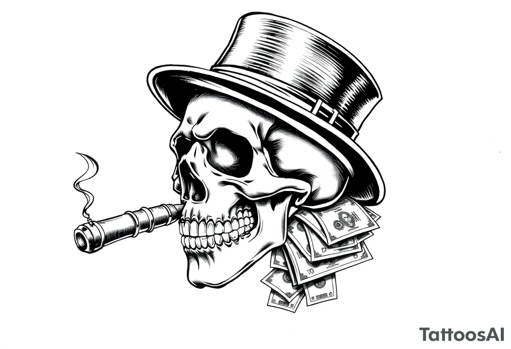 skull with mustache,a big cigar in his mouth,a top-hat on his head and alot of money in a hand. tattoo idea