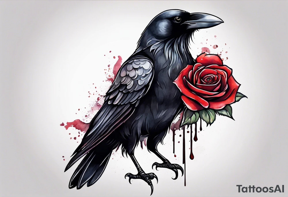 Crow standing holding a red rose tattoo idea