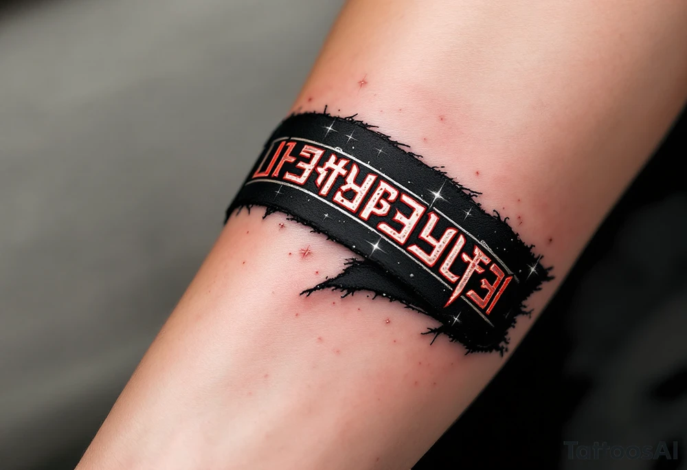 Slavic Runes – A band of red-etched runes on a black ribbon wrapping around a weathered forearm, with sparks of silver between symbols. tattoo idea