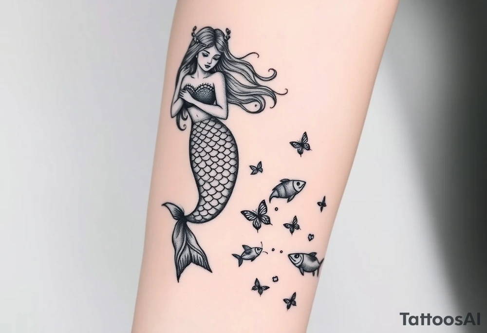 Aquarius goddess with mermaid tail Carrying  water bearer over her shoulder spilling water to the floor with a pisces fish in
Leading to butterflies tattoo idea