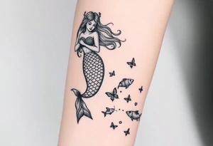 Aquarius goddess with mermaid tail Carrying  water bearer over her shoulder spilling water to the floor with a pisces fish in
Leading to butterflies tattoo idea