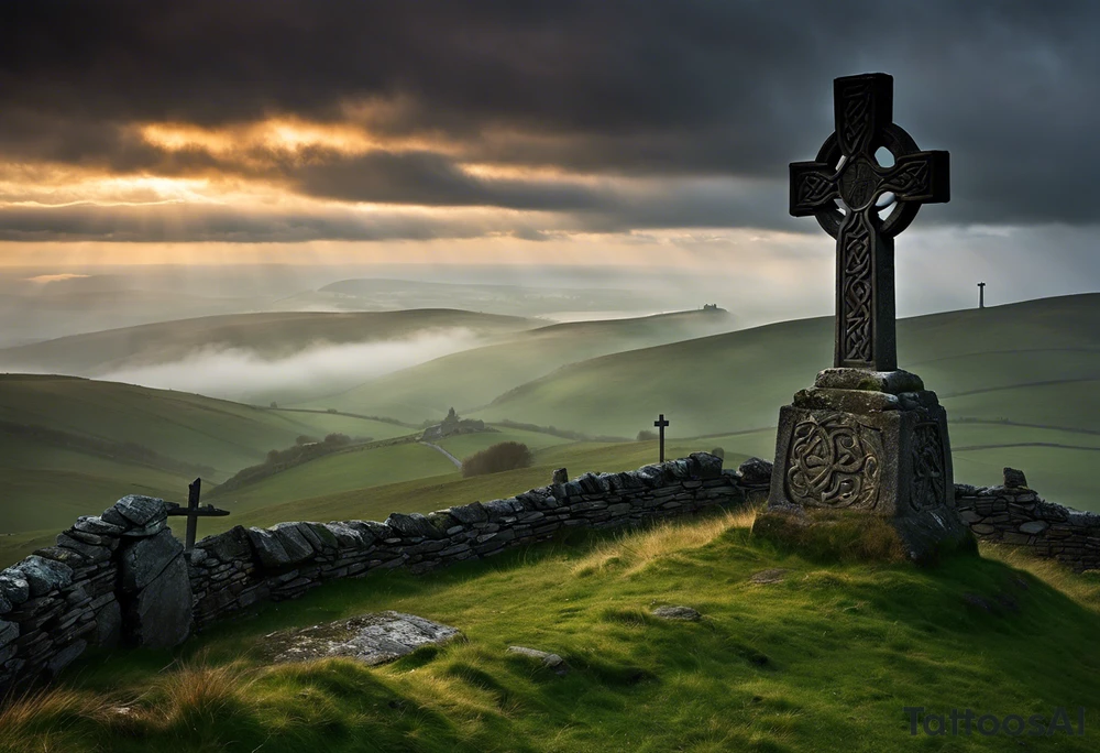 A stone Celtic cross solemnly standing atop a hill, a raven perches atop the cross staring out over the desolation. A ruined stone wall lies crumbling near the cross. Mist rolls along the hilltops adding to the melancholic nature of the scene. Clouds gather in the distance, obscuring the setting sun tattoo idea