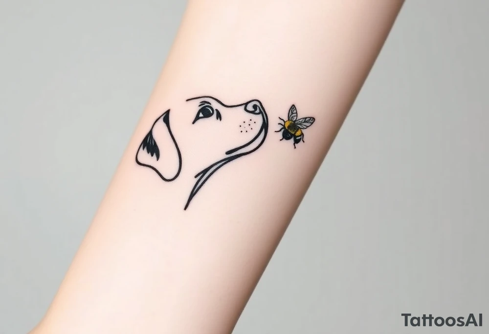 brown lab looking up at a bumble bee like it’s almost about to sniff it but they’re not touching. all black ink and fine line tattoo idea